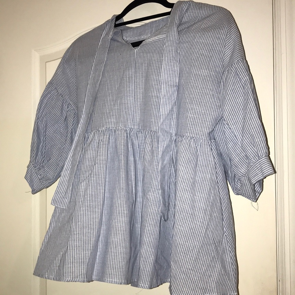 Blue and White Vertically Striped Linen Blouse